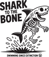 Naklejka premium Cartoon shark jumping out of water with text shark skeleton jumping shark