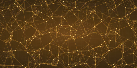 Golden network structure with glowing nodes and connecting lines forming an abstract web of interconnected points on a warm brown background