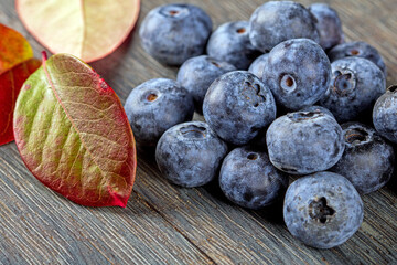Close-up macro photo of juicy blueberries and autumn leaves on wood