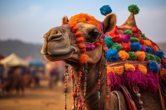 Decorated camel posing during the annual pushkar camel fair, a vibrant cultural event in rajasthan, india