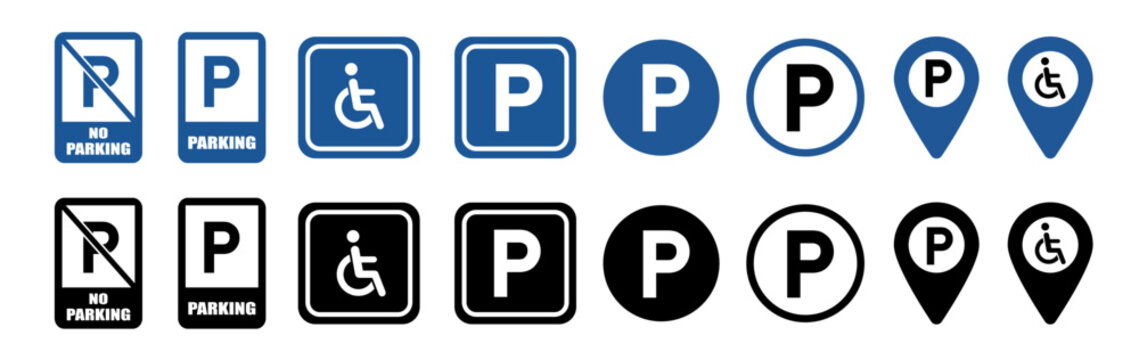 Parking icons. Car parking icon set. Map parking pointer. Vector illustration.