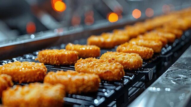Chicken nuggets are being processed on a conveyor belt in a bustling factory. Workers are focused on quality control, ensuring they are perfectly cooked before packaging