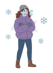 A person feeling cold outside, shivering and wearing warm winter clothing.