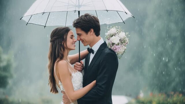 Romantic wedding couple embracing under umbrella in gentle rain surrounded by nature and love