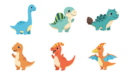 Cute and colorful cartoon baby dinosaurs : Long necked blue, green spined, a turquoise armored, an orange spotted, red crested and orange flying.Cute and colorful cartoon baby dinosaurs : Long necked 