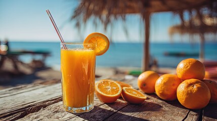 Refreshing orange juice on a rustic wooden table with whole and sliced oranges, beach and ocean backdrop
