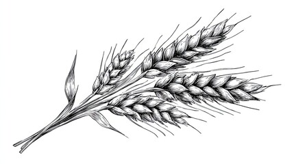Detailed engraving sketch of wheat ears with leaves drawn in vintage botanical illustration style