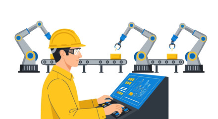 Industrial engineer operating a control panel for robotic arms on an automated factory assembly line.