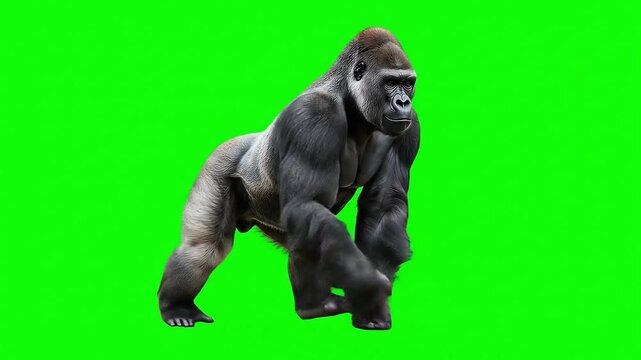 Majestic Silverback Gorilla Walking and Looking Around on Green Screen for Chroma Key Compositing