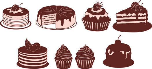 Chocolate cake and cupcake vector illustration set with icing, strawberries, and desserts, sweet bakery design for food art decoration.