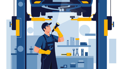 Male auto mechanic in uniform inspecting the undercarriage of a car on a lift with a flashlight.