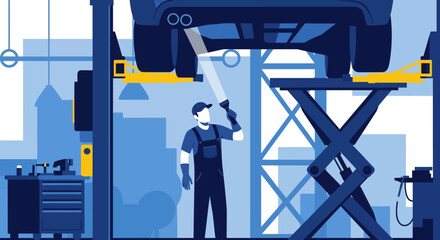 A mechanic with a flashlight inspects the undercarriage of a car raised on a hydraulic lift in a service garage.