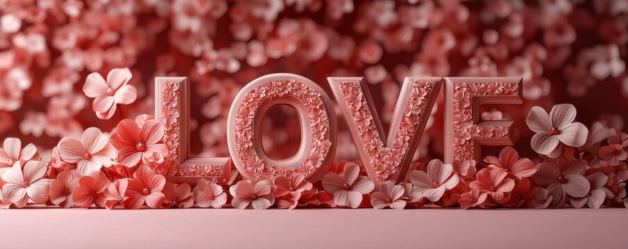 3D Love Sign with Red Flowers in a Romantic Floral Composition