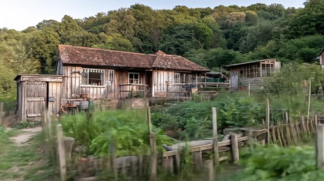 Rustic wooden structures and lush greenery a sunny day on a quaint community garden