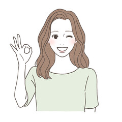 OKサインをしてウインクする笑顔の女性のイラスト|ポジティブ・明るい・前向きな人物素材