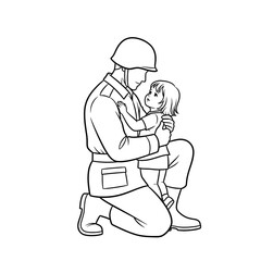 Line Art Drawing of a Soldier Kneeling and Holding a Child: A simple, black and white outline drawing of a male soldier in full uniform (including a helmet), kneeling down to hug 