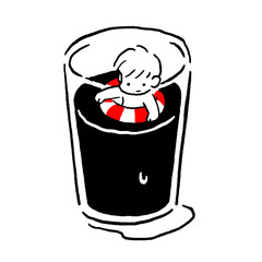 Baby swimming inside a dark glass of drink with life buoy