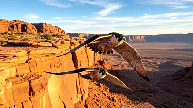 Majestic falcon and fledgling soar over desert cliffs, wind-swept wings.
