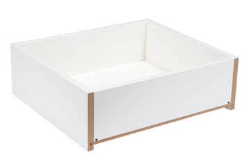 Modern white MDF drawer box isolated on white background. Clean and minimalist furniture component ideal for cabinetry, home storage, interior design, or flat-pack furniture assembly projects
