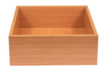Empty wooden drawer box in light oak finish, isolated on white background. Clean and simple carpentry design ideal for storage, cabinetry, furniture making, or woodworking presentations