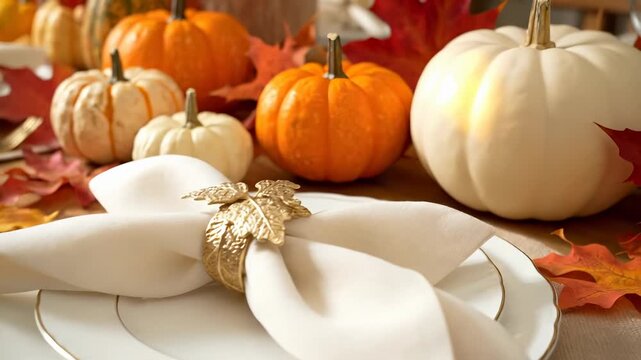 Thanksgiving table set with elegant decor. Fall pumpkins and leaves create warm atmosphere. Beautiful presentation for festive dinner.
