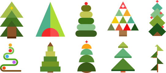 Abstract christmas trees for decoration new year or other holiday different shapes in modern mosaic style. Set festive flat minimalistic design elements. Vector illustration.