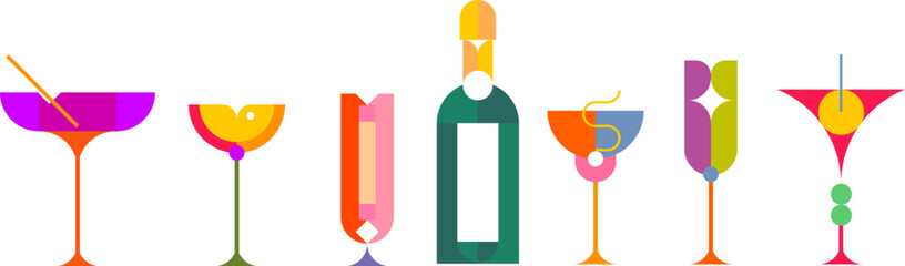 Bottle and glasses for decoration christmas, new year or other holiday different shapes in modern mosaic style. Set festive flat minimal design elements. Abstract vector illustration.