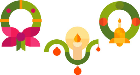 Fototapeta premium Christmas tree decoration for new year or other holiday different shapes in modern mosaic style. Set festive flat minimal design elements. Abstract vector illustration.