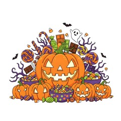 Huge Pile of Halloween Candy Jack O'Lanterns and Sweets Illustration