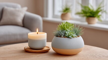A lit candle and a succulent plant in a concrete pot on a wooden table in a bright room with soft lighting creating a serene ambiance