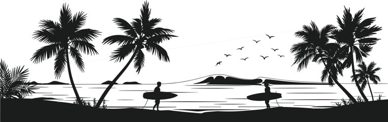 Silhouette tropical beach with palm trees, surfers and ocean waves at sunset scene, summer vacation vector illustration for travel design. © Snigdha Creatives