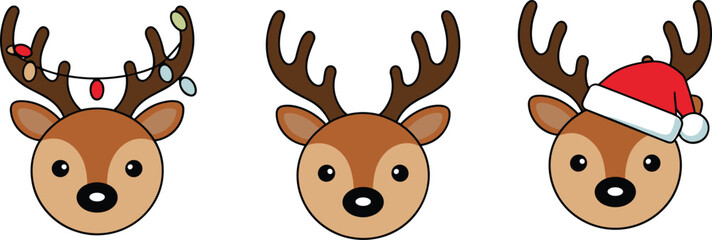 Cute reindeer face vector illustration with Christmas hat and festive lights, cartoon holiday animal design for winter decoration and celebration.