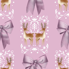 New Year's seamless pattern on a purple background with deer, bows and winter ornaments