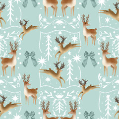 New Year's seamless pattern on a blue background with deer and winter ornaments. Hand-painted festive pattern