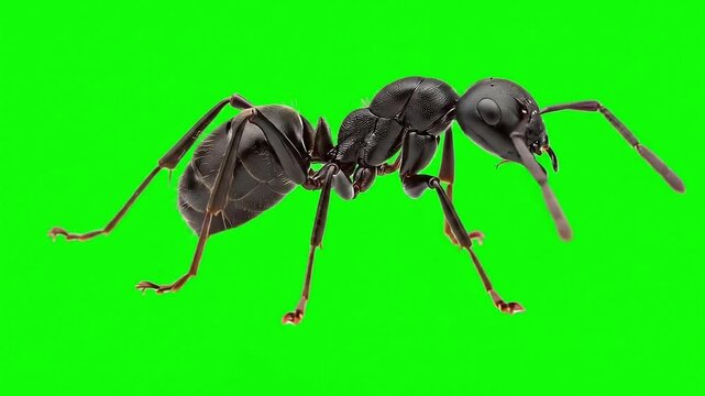 Realistic 3D Black Ant Crawling and Moving its Mandibles on Green Screen for Chroma Key Insect VFX