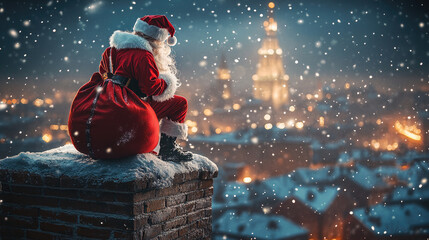 santa claus on snowy roof bending toward brick chimney, carrying sack full of presents, festive night sky, magical christmas scene