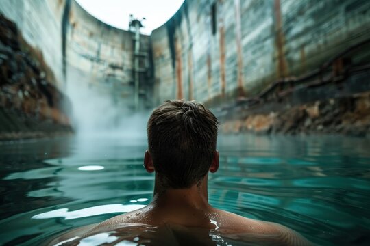 A swimmer is depicted in an abandoned water reservoir, surrounded by towering walls, creating a stark contrast between nature and human-made structures, evoking feelings of solitude.