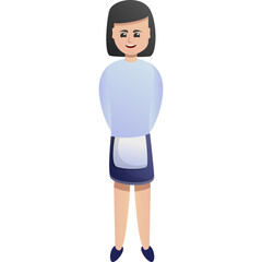 Cartoon Style Waitress Standing With A Friendly Smile And A Light Blue Shirt And Dark Blue Skirt And Apron On A Transparent White Background
