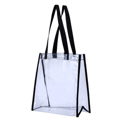 Transparent PVC tote bag with black handles and trim. Reusable clear shopper ideal for travel, stadium events, retail use, or everyday carrying convenience © mpodrucki