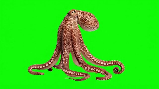 A realistic 3D animated brown octopus standing up with its tentacles waving on a bright green screen.