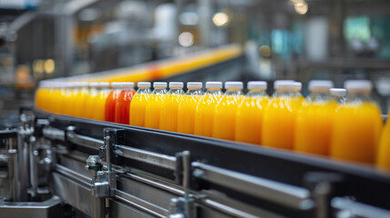 Bottles of orange and red juice line a production conveyor belt, showcasing the final stages of beverage manufacturing and distribution.
