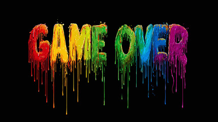 A colorful "Game Over" message dripping with vibrant paint on a stark black background, creating a playful yet poignant visual metaphor.