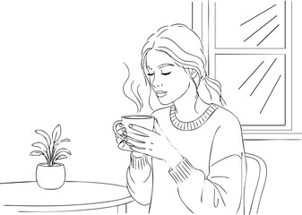 Line Art Illustration: Young Woman Savoring Steaming Hot Drink in Cozy Setting with Plant
