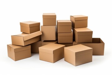 Different sized brown cardboard boxes stacked and scattered on a clean white studio background, ready for shipping or moving