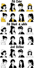 Obraz premium Diverse Cartoon Avatars Set: Youthful Characters in Color, Black & White, and Outline Styles