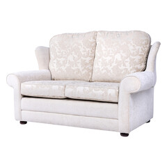 Elegant beige fabric sofa with floral upholstery and soft woven texture. Classic two-seater design ideal for cozy living rooms and traditional interior décor