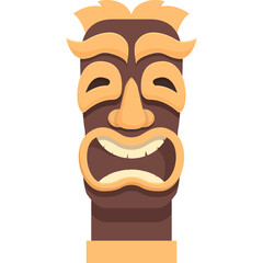 Cartoon Style Tribal Tiki Mask With Open Mouth And Expressive Eyes In Brown And Beige Colors On Transparent Background
