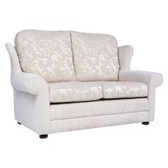 Elegant beige fabric sofa with floral upholstery and soft woven texture. Classic two-seater design ideal for cozy living rooms and traditional interior décor