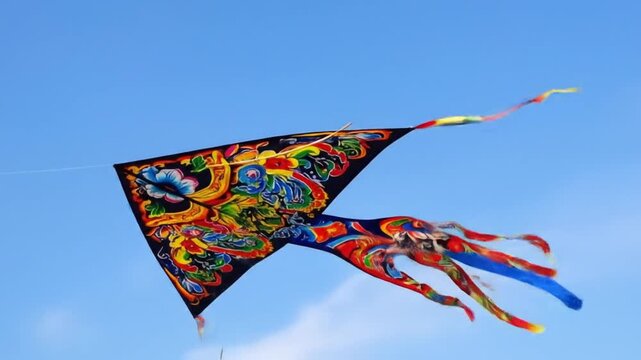 Colorful Dragon Design Kite Soaring Against a Clear Blue Sky on a Breezy Day