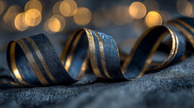 Elegant dark blue ribbon with gold stripes cascades gracefully against a soft bokeh background, perfect for luxury celebrations and sophisticated events.